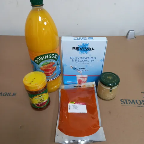 APPROXIMATELY 11 FOOD AND DRINK ITEMS TO INCLUDE FRUIT JUICE, HONEY AND SEASONING