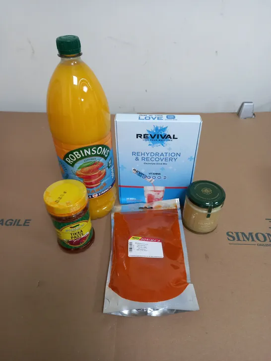 APPROXIMATELY 11 FOOD AND DRINK ITEMS TO INCLUDE FRUIT JUICE, HONEY AND SEASONING