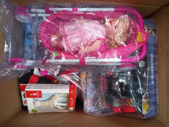 BOX OF APPROXIAMTELY 20 ASSORTED TOYS AND GAMES TO INCLUDE AMKAHA HULA HOOP, JOJO MAMAN BÉBÉ WOODLAND FINGER PUPPETS, COLOURCLAY MODELLING MATERIAL, ETC