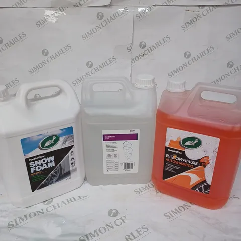 LOT OF 3 ITEMS TO INCLUDE TURTLEWAX SNOW FOAM SHAMPOO - 5L, QTX HAZE FLUID - 5L, TURTLEWAX BIG ORANGE AUTOSHAMPOO - 5L