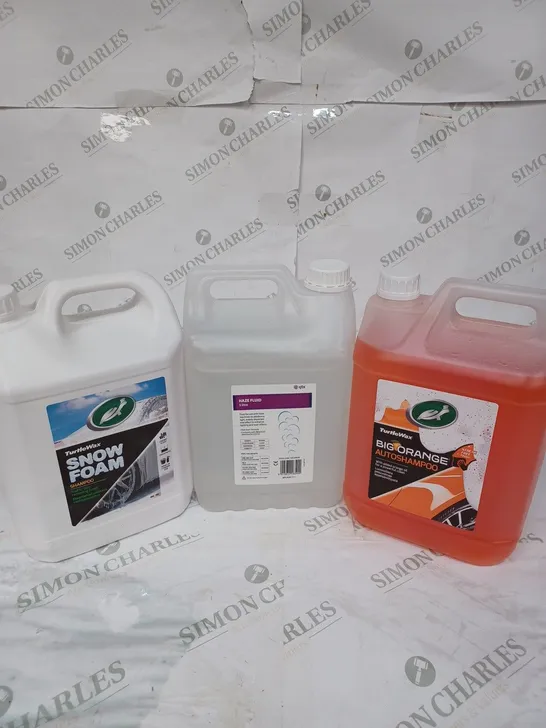 LOT OF 3 ITEMS TO INCLUDE TURTLEWAX SNOW FOAM SHAMPOO - 5L, QTX HAZE FLUID - 5L, TURTLEWAX BIG ORANGE AUTOSHAMPOO - 5L