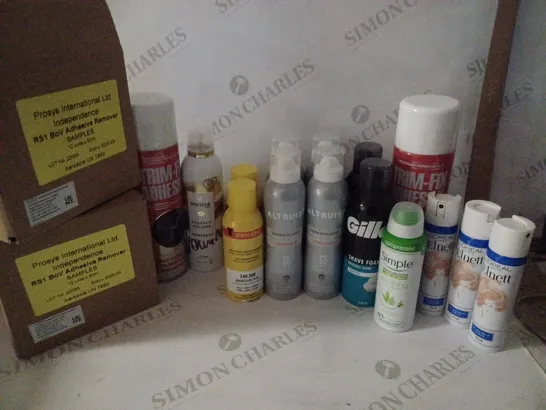 BOX OF HOUSEHOLD ITEMS TO INCLUDE SHAVING FOAM , HAIRSPRAY , ETC