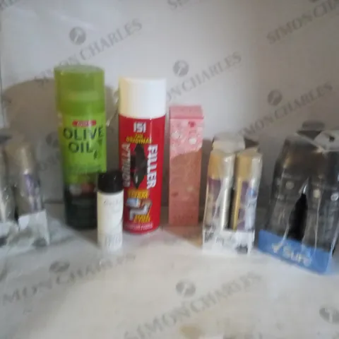 BOX OF APPROX 10 ASSORTED AEROSOLS INCLUDING IMPULSE BE SURPRISED DEODORANT, GORILLA FILLER EXPANDING FOAM AND OLIVE OIL - COLLECTION ONLYY