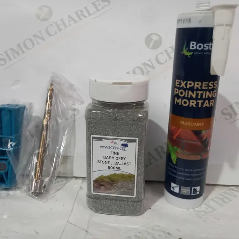 LOT OF APPROXIMATELY 10 ASSORTED HOUSEHOLD ITEMS TO INCLUDE KATSU POCKET HOLE JIG KIT, WWSCENICS FINE DARK GREY STONE/BALLAST (500ML), BOSTIK EXPRESS POINTING MORTAR, ETCETC