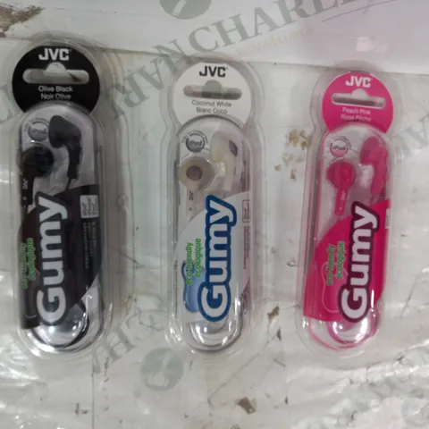 BOX OF APPROXIMATELY 20 ASSORTED JVC GUMY STEREO HEADPHONES IN VARIOUS COLOURS