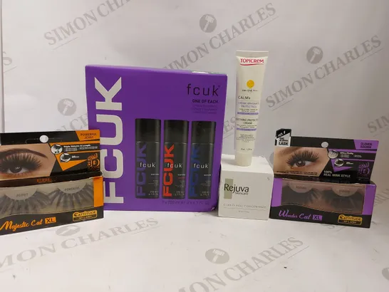 BOX OF APPROX 10 COSMETIC ITEMS TO INCLUDE FCUK ONE OF EACH SET, WONDER CAT XL LASHES, TOPICREM PROTECTION CREAM