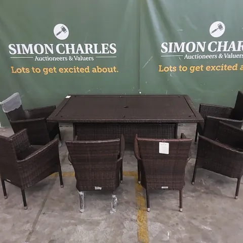 DESIGNER RATTAN GARDEN TABLE AND CHAIR SET // INCLUDES GARDEN DINING TABLE WITHOUT GLASS TOP AND 6 X CHAIRS