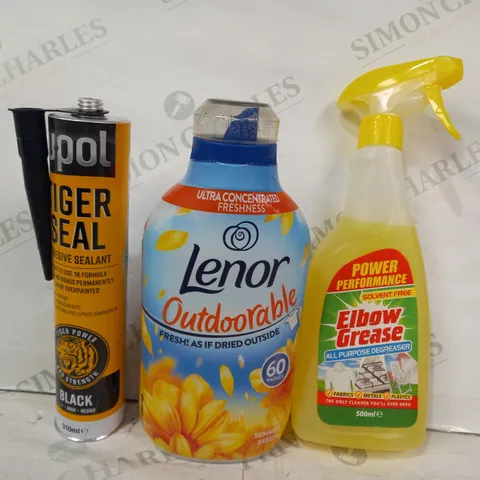 LOT OF APPROXIMATELY 15 ASSORTED HOUSEHOLD ITEMS TO INCLULDE ELBOW GREASE, LENOR OUTDOORABLE, UPOL TIGER SEAL, ETC