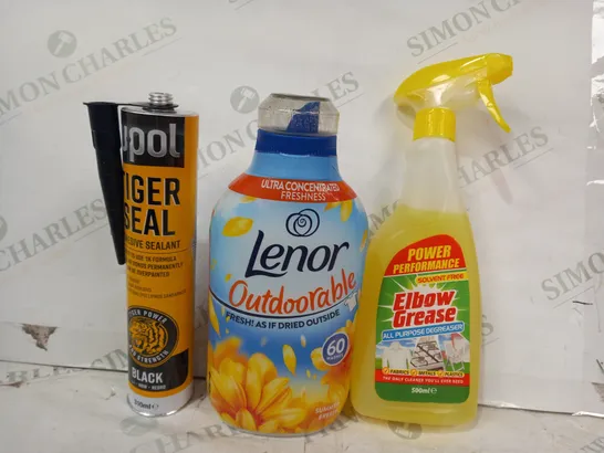 LOT OF APPROXIMATELY 15 ASSORTED HOUSEHOLD ITEMS TO INCLULDE ELBOW GREASE, LENOR OUTDOORABLE, UPOL TIGER SEAL, ETC