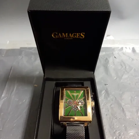 GAMAGES EXCLUSIVE GREEN DIAL GOLD COLOUR CASE WATCH 