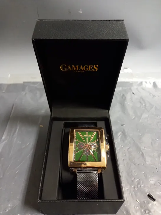 GAMAGES EXCLUSIVE GREEN DIAL GOLD COLOUR CASE WATCH 