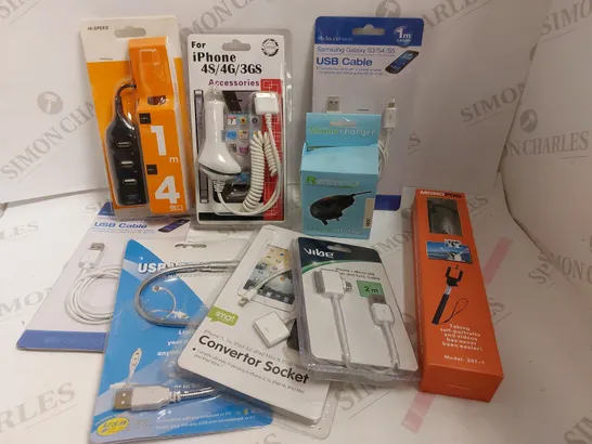 LOT OF 9 ITEMS INCLUDING USB CHARGER, USB HUB, SELFIE STICK