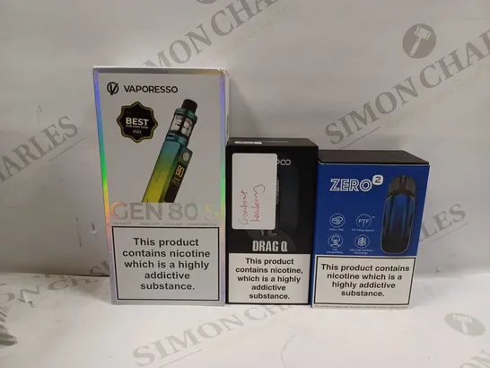 LOT OF APPROXIMATELY 30 ASSORTED E-CIGARETTES AND LIQUIDS TO INCLUDE VAPORESSO GEN 80 S, VOOPOO DRAG Q, VAPORESSO ZERO2, ETC