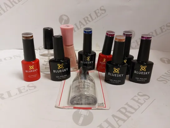 BOX OF APPROX 10 MANICURE ITEMS TO INCLUDE SALLY HANSEN NAIL HARDENER, BLUESKY GEL POLISH AND SALLY HANSEN NAIL COLOUR