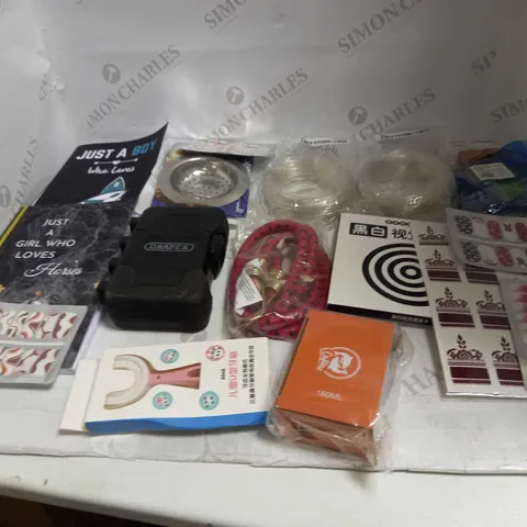 LOT OF ASSORTED HOUSEHOLD GOODS TO INCLUDE SINK STRAINER, NOTEBOOKS, AND LED STRIP LIGHTS ETC.