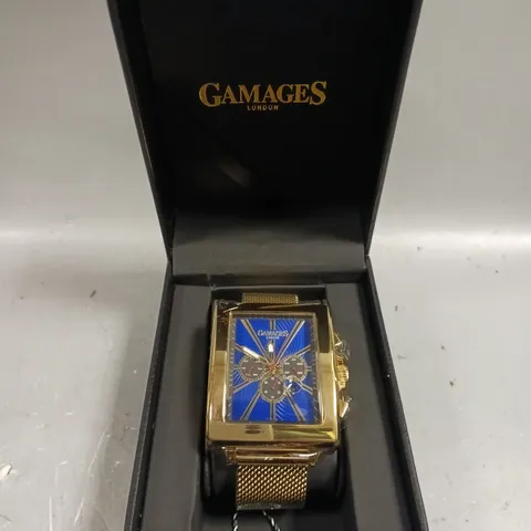 GAMAGES EXCLUSIVE NAVY DIAL GOLD COLOUR CASE WATCH 