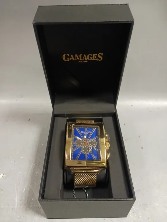 GAMAGES EXCLUSIVE NAVY DIAL GOLD COLOUR CASE WATCH 