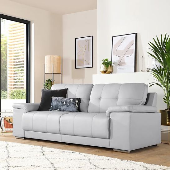 BOXED DESIGNER KANSAS LIGHT GREY LEATHER THREE SEATER SOFA 