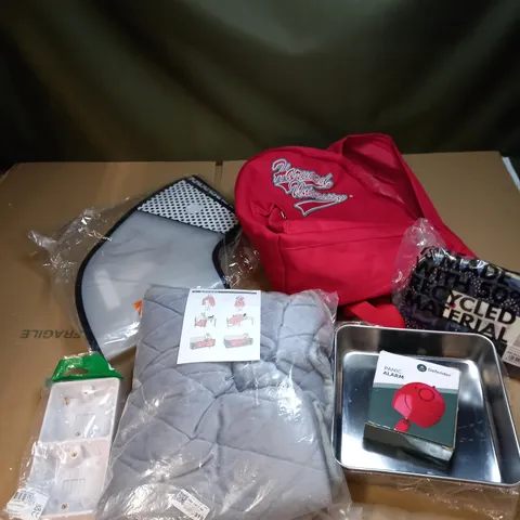 LOT OF APPROXIMATELY 15 ASSORTED HOUSEHOLD AND ELECTRICAL ITEMS TO INCLUDE BAKING TRAYS, BACKPACK, MAKE-UP BAG ETC