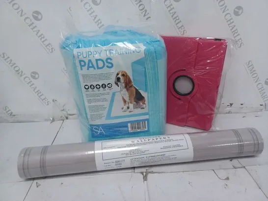 APPROXIMATELY 15 ASSORTED HOUSEHOLD ITEMS TO INCLUDE DESIGNER WALLPAPER, PUPPY TRAINING PADS, TABLET CASE, ETC