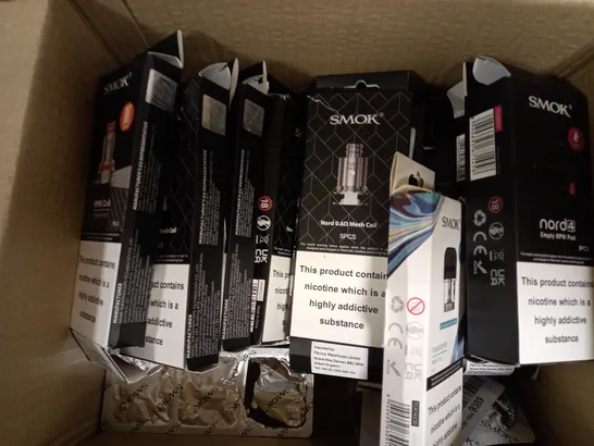 APPROXIMATELY 25 ASSORTED BOXED SMOK VAPING PRODUCTS TO INCLUDE RPM COIL, TFC9 COIL, NOVO 2 POD ETC. 