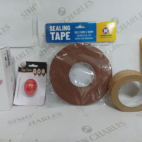 BOX OF APPROXIMATELY 10 ASSORTED ITEMS TO INCLUDE - SEALING TAPE - EGG TIMER - PACKING TAPE ETC