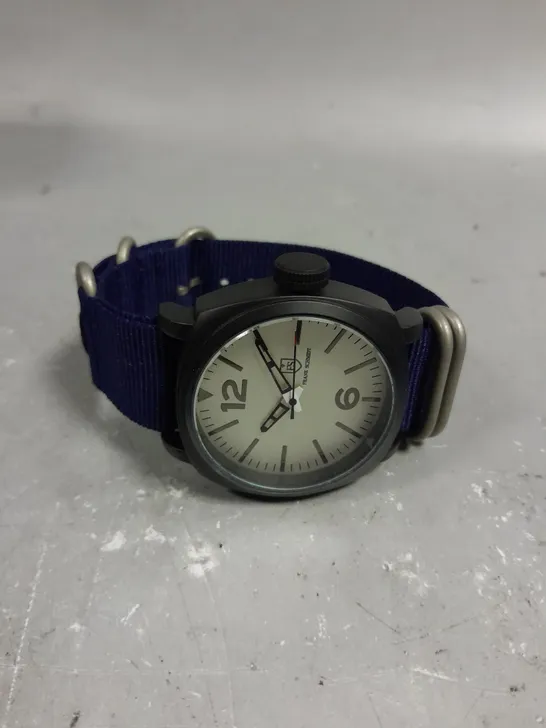 MENS FRANK SCHMIDT WATCH – LARGE BLACK CASE – WHITE PILOT DIAL – BLUE FABRIC STRAP