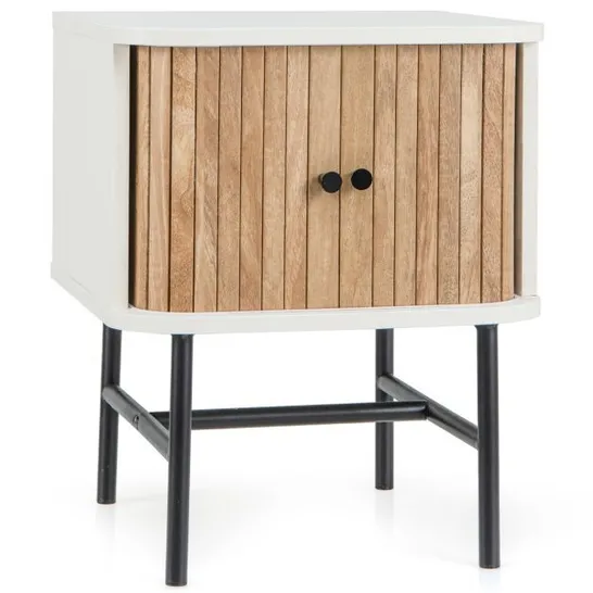 BOXED COSTWAY MID-CENTURY MODERN BEDSIDE TABLE WITH STORAGE CABINET AND METAL LEGS