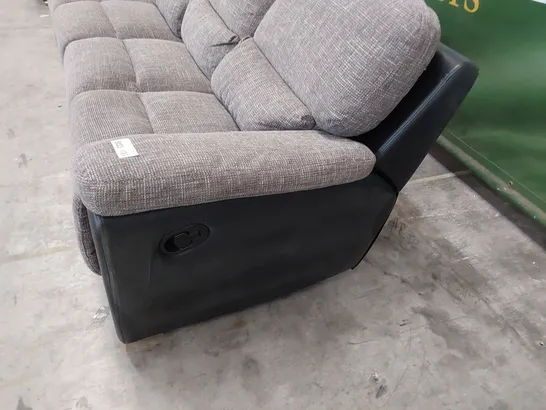 DESIGNER MANUAL RECLINING FOUR SEATER SOFA BLACK FAUX LEATHER & GREY FABRIC 