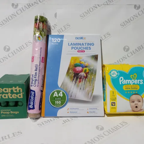 BOX OF APPROXIMATELY 10 ASSORTED ITEMS TO INCLUDE - DESK IT LAMIATING POUCHES - PAMPERS NEW BABY - CLING FILM REFILL ECT 