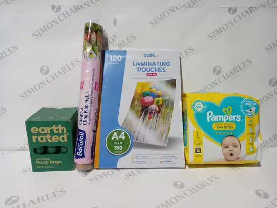 BOX OF APPROXIMATELY 10 ASSORTED ITEMS TO INCLUDE - DESK IT LAMIATING POUCHES - PAMPERS NEW BABY - CLING FILM REFILL ECT 