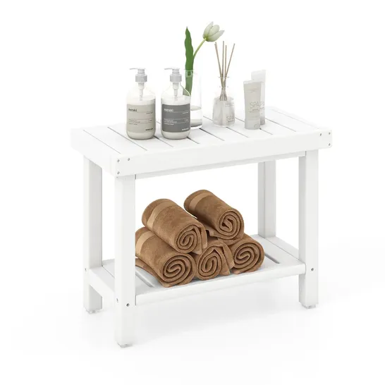 BOXED 2-TIER WATERPROOF HDPE BATHROOM SHOWER STOOL WITH STORAGE SHELF - WHITE