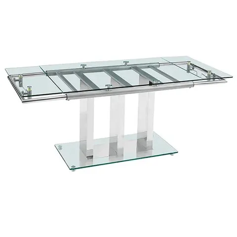 RIHANNA EXTENDING CLEAR GLASS DINING TABLE WITH CHROME SUPPORT 120-180X80X75CM (3 BOXES)