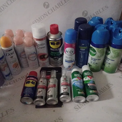 BOX OF HOUSEHOLD ITEMS TO INCLUDE DISINFECTANT SPRAY , VEET HAIR REMOVAL CREAM , ETC