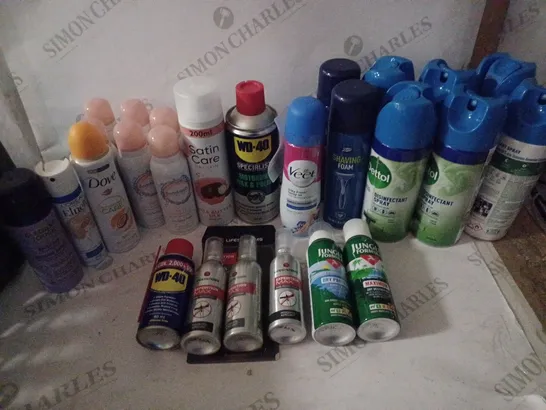 BOX OF HOUSEHOLD ITEMS TO INCLUDE DISINFECTANT SPRAY , VEET HAIR REMOVAL CREAM , ETC