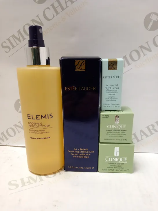 LOT OF 5 ASSORTED SKINCARE PRODUCTS TO INCLUDE ESTEE LAUDER PERFECTING MAKEUP MIST, CLINQUE WRINKLE CORRECTING CREAM, ELEMIS SOOTHING APRICOT TONER, ETC 