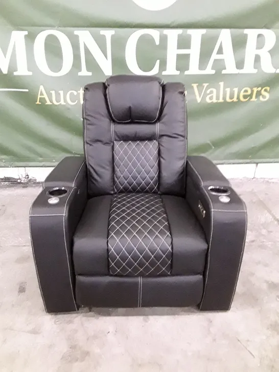 QUALITY DESIGNER ELECTRIC RECLINER ARMCHAIR WITH CUPHOLDERS - BLACK LEATHER