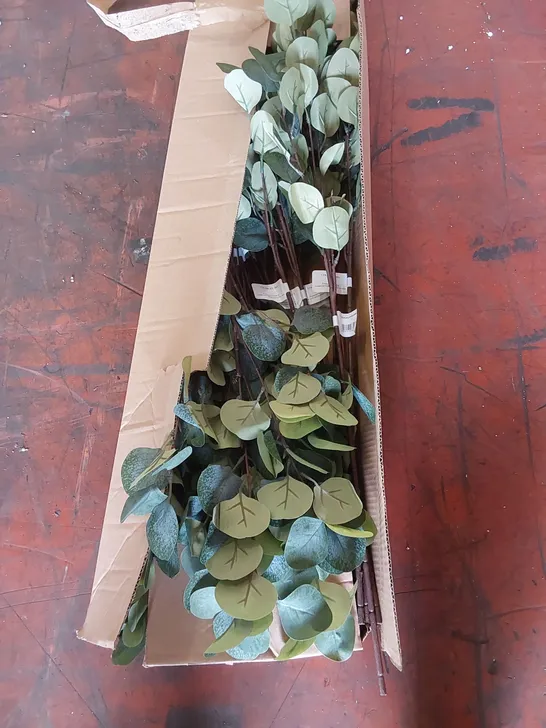 PALLET CONTAINING APPROXIMATELY 75 BOXES OF INDIVIDUAL STEM EUCALYPTUS FAUX FLOWERS // APPROX 24 X STEMS PER BOX