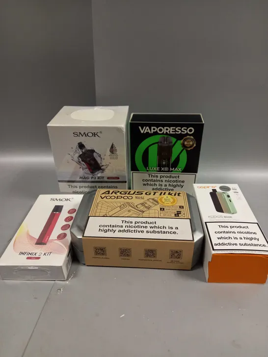 BOX OF APPROXIMATELY 10 ASSORTED E-CIGARATTES TO INCLUDE SMOK, VAPORESSO, ASPIRE ETC.