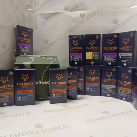 LOT OF APPROXMATELY 16 ITEMS TO INCLUDE BOX OF 100 NESPRESSO COMPATIBLE CAPSULES, 15 BOXES OF CAFEPOD CRAFT COFFEE (10 PODS) TO INCLUDE FLAVOURS SUCH AS RISTRETTO, INTENSE ROAST, BRUNCH BLEND, ETC