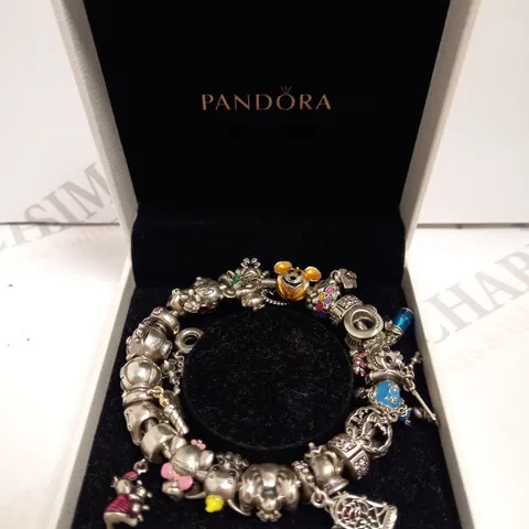 BOXED PANDORA DISNEY CHARM BRACELET WITH ASSORTED CHARMS INCLUDING WINNIE THE POOH, STAR WARS AND DUMBO