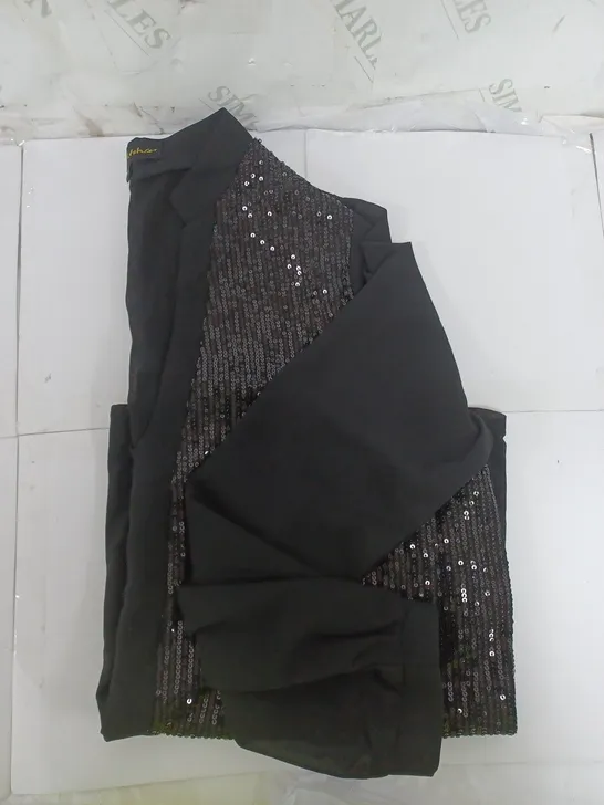 FRANK USHER SEQUIN TOP IN BLACK WITH SHEER BACK AND SLEEVES SIZE S/M