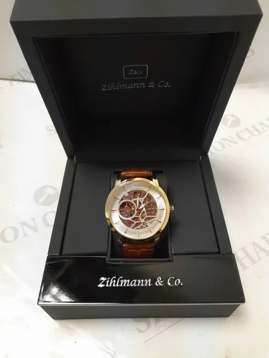 ZIHLMANN & CO GOLD EFFECT SKELETON BROWN LEATHER STRAP WRISTWATCH