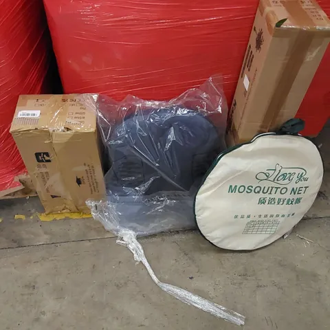 PALLET OF ASSORTED ITEMS INCLUDING, MOSQUITO NET, AIR MULTIPLIER TOWER FAN,CBLUDE CUDDLE PILLOW, ARTIFICAL PLANTS