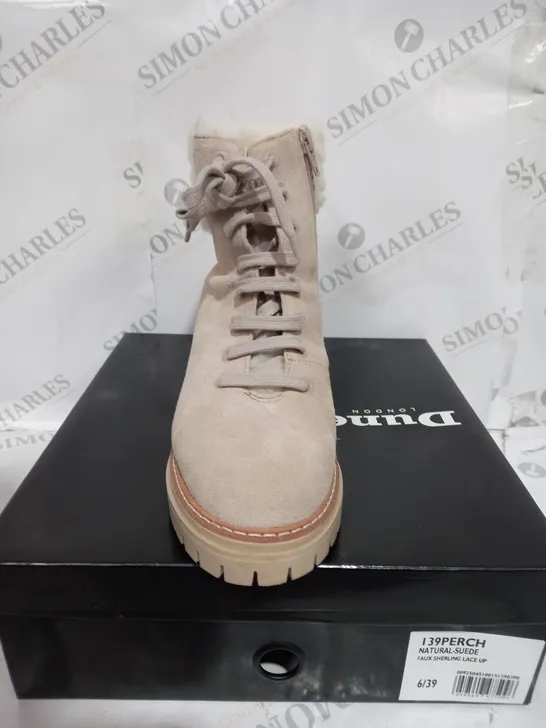 BOXED PAIR OF DUNE LONDON NATURAL SUEDE SIZE 6 LACEUP BOOTS