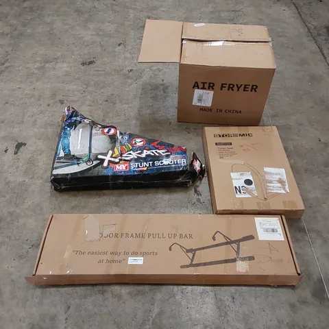 PALLET OF ASSORTED HOUSEHOLD ITEMS AND CONSUMER PRODUCTS. INCLUDING SCOOTER, TRAVEL CASE, PULL UP BAR, TOILET SEAT, AIR FRYER ETC