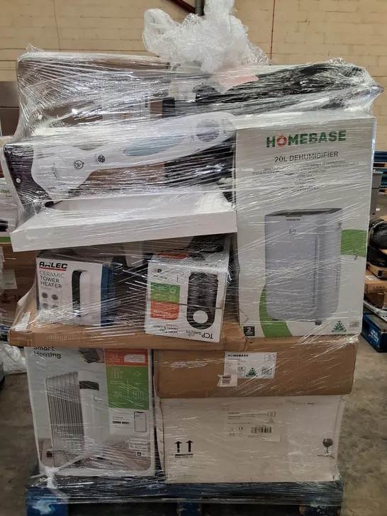 PALLET OF ASSORTED HOME APPLIANCES TO INCLUDE WIFI OIL RADIATORS,CERAMIC TOWER HEATER AND HOMEBASE 20L DEHUMIDIFIER 