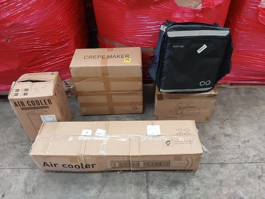 PALLET OF ASSORTED CONSUMER PRODUCTS TO INCLUDE: CREPE MAKER, AIR COOLERS, TUMBLER HEAT PRESS, BOOLANGA FOOD DELIVERY BAG ECT