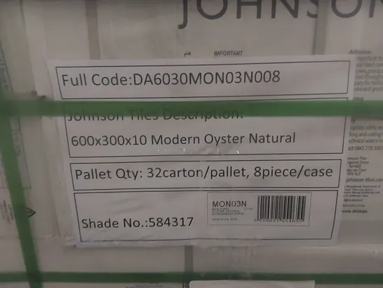 PALLET TO CONTAIN APPROX 32 X PACKS OF JOHNSON TILES MODERN OYSTER NATURAL PORCELAIN FLOOR & WALL TILES - 8 TILES PER PACK // TILE SIZE: 600 x 300 x 10mm