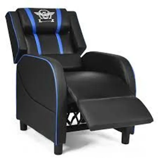 BOXED COSTWAY SINGLE RECLINER SOFA GAMING CHAIR W/ADJUSTABLE FOOTREST LUMBAR CUSHION IN BLUE (1 BOX)